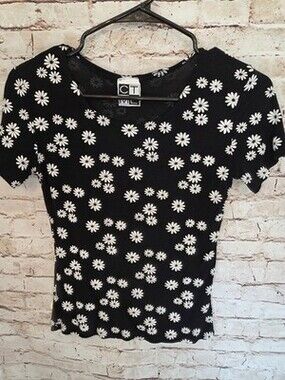 CTME Y2K Top Size Small Diasies Short Sleeve Vintage Top Black
